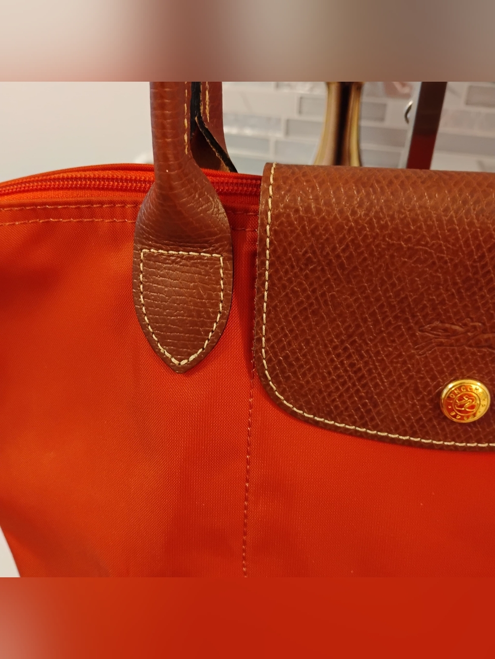 Longchamp Classic Nylon Tote - Orange with Cognac Leather Trim & GHW - Picture 2 of 15